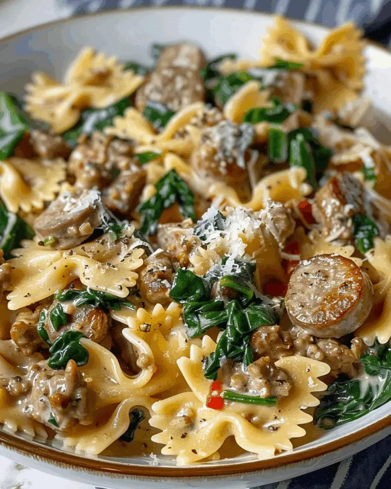 Creamy Garlic Butter Beef Bowtie Pasta with Italian Sausage & Spinach