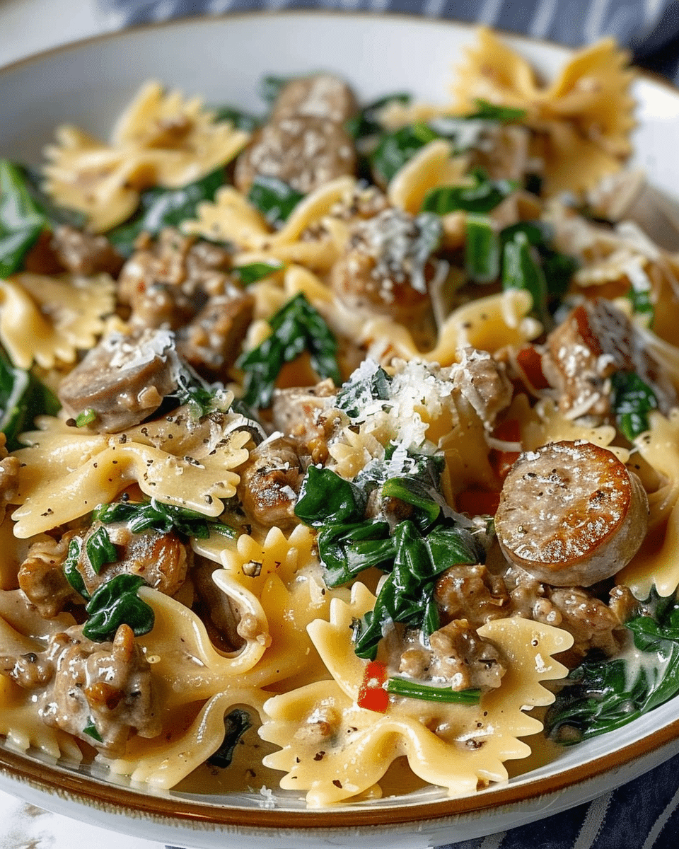 Creamy Garlic Butter Beef Bowtie Pasta with Italian Sausage & Spinach