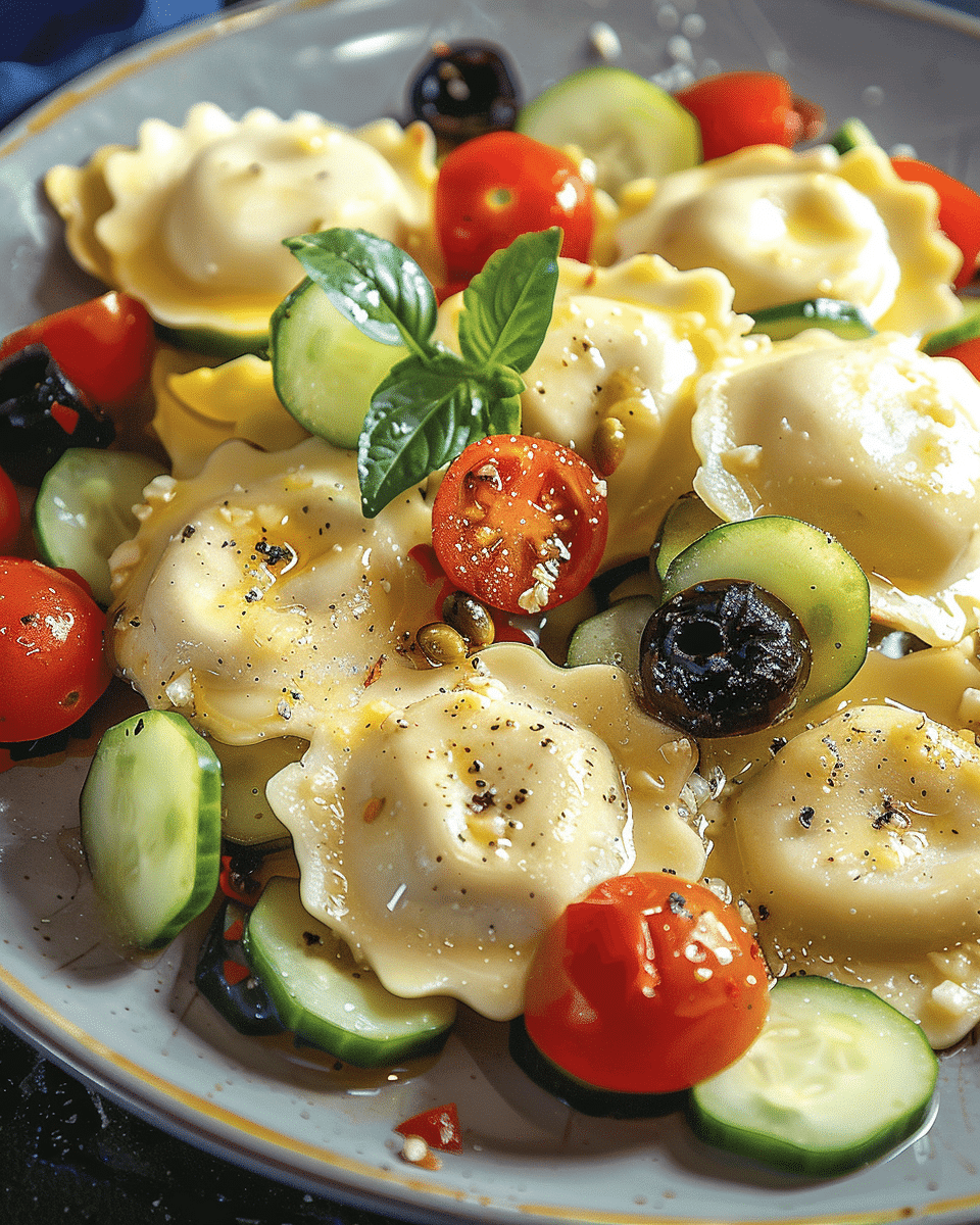 Feta Ravioli With Cherry Tomatoes and Cucumber