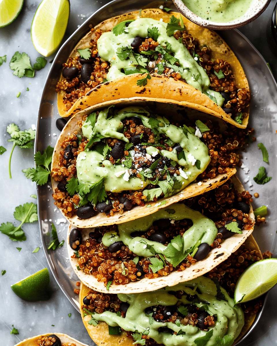 Black Bean Quinoa Tacos with Cilantro Lime Cashew Crema (Vegan, Dairy-Free)