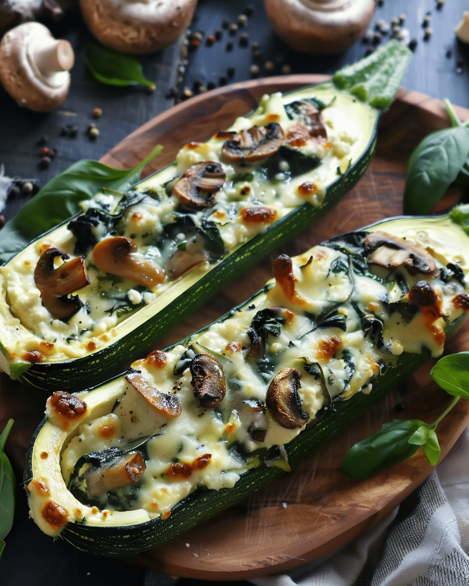 Spinach, Mushroom, and Ricotta Stuffed Zucchini Boats
