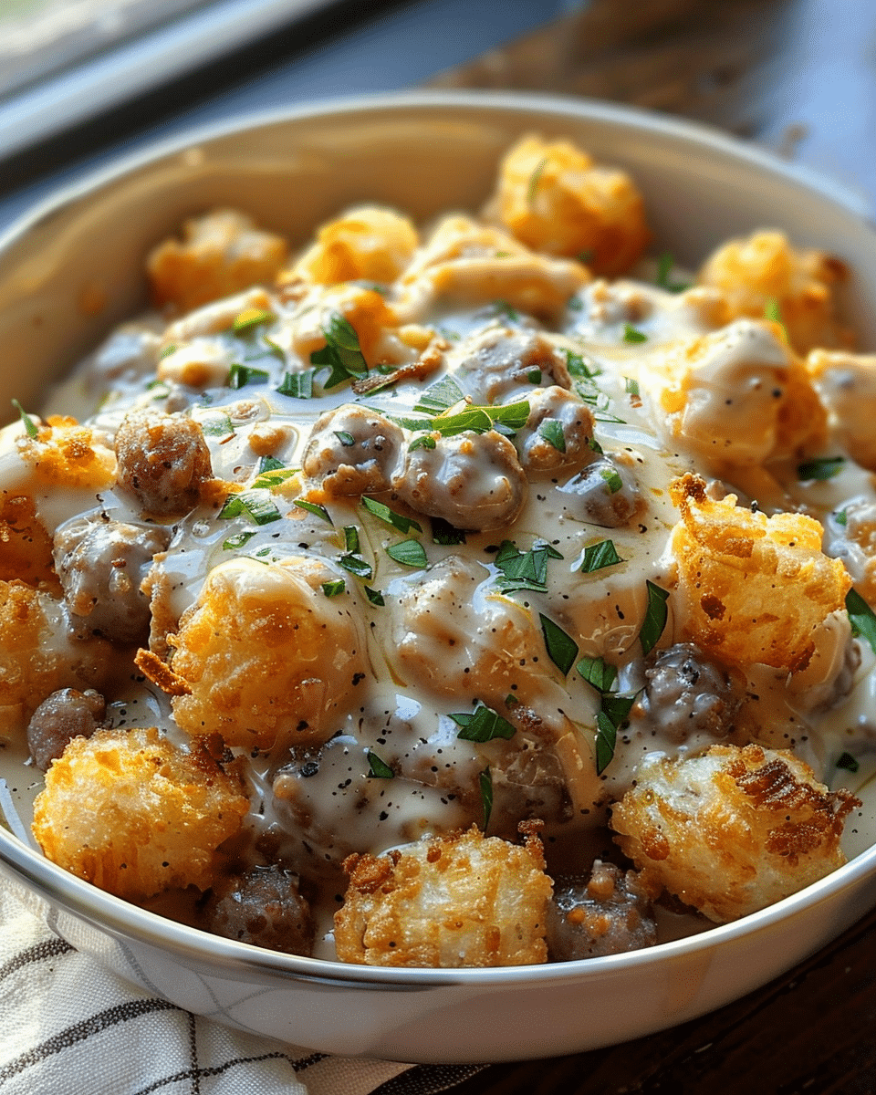 Tater Tot Breakfast Bowl with Sausage Gravy Bliss