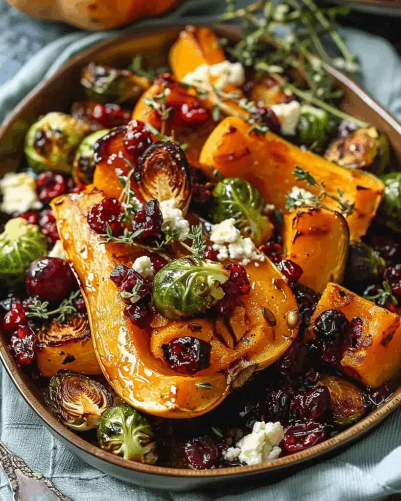 Cranberry-Glazed Roasted Butternut Squash, Brussels Sprouts, and Sweet Potato Salad