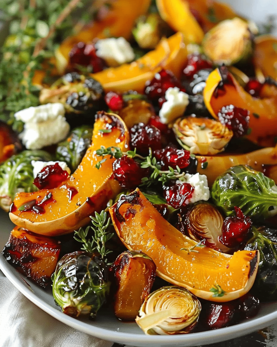 Cranberry-Glazed Roasted Butternut Squash, Brussels Sprouts, and Sweet Potato Salad