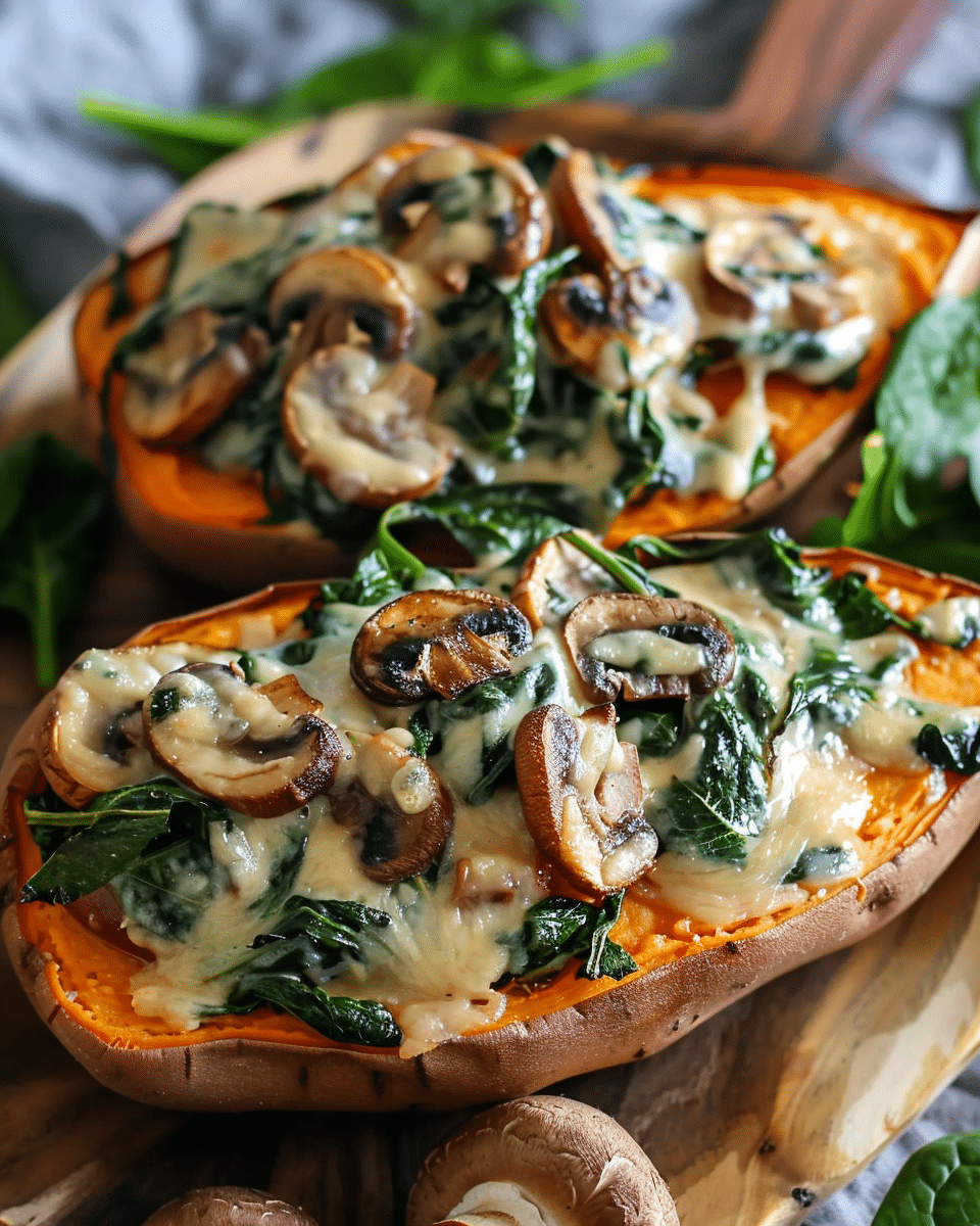 Creamy Mushroom and Spinach Stuffed Sweet Potatoes