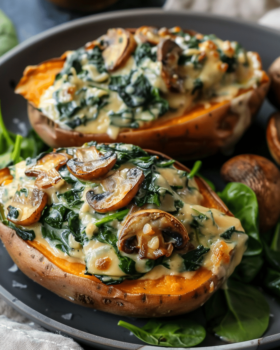 Creamy Mushroom and Spinach Stuffed Sweet Potatoes
