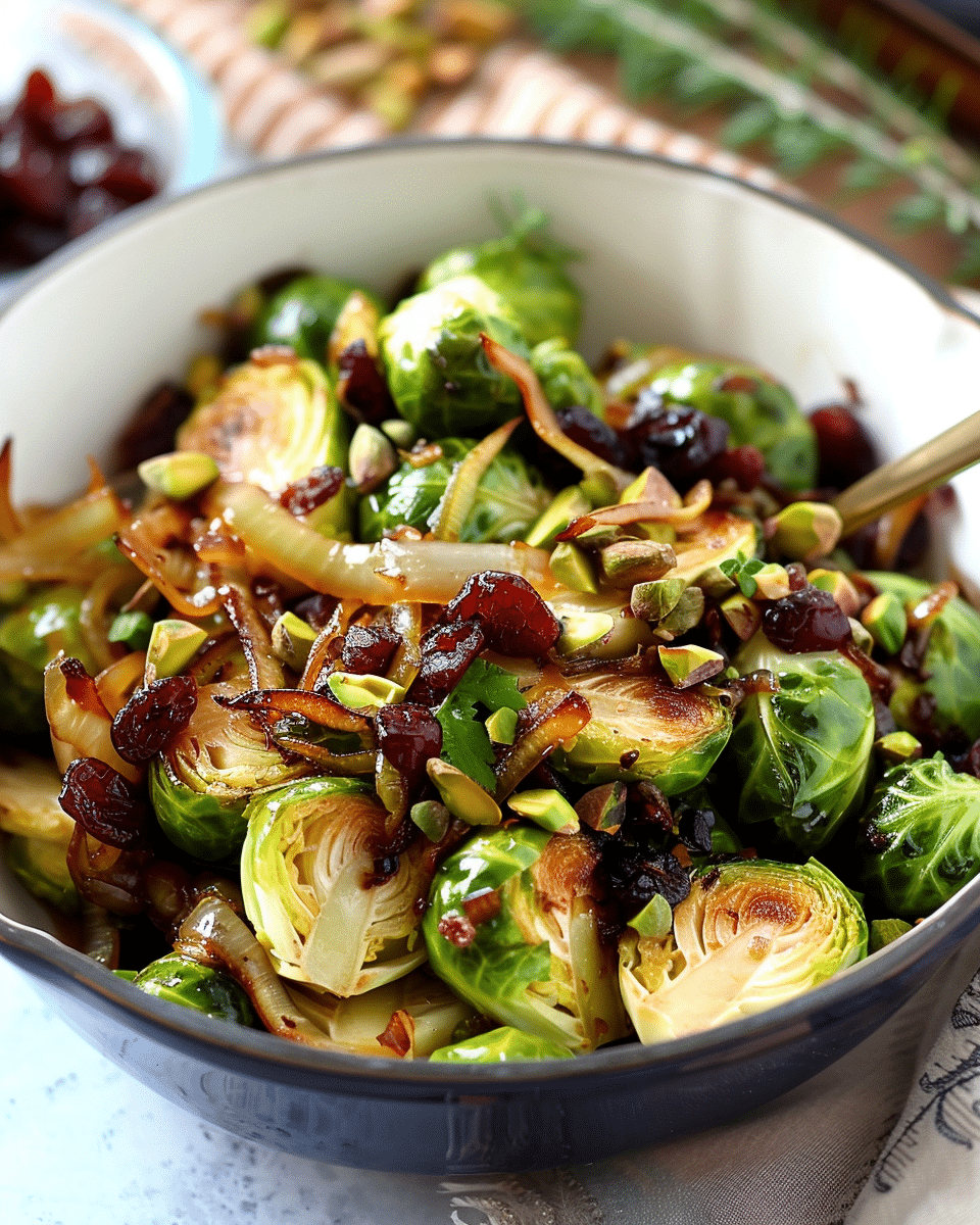 Brussels Sprouts with Caramelized Onions, Cranberries, and Pistachios