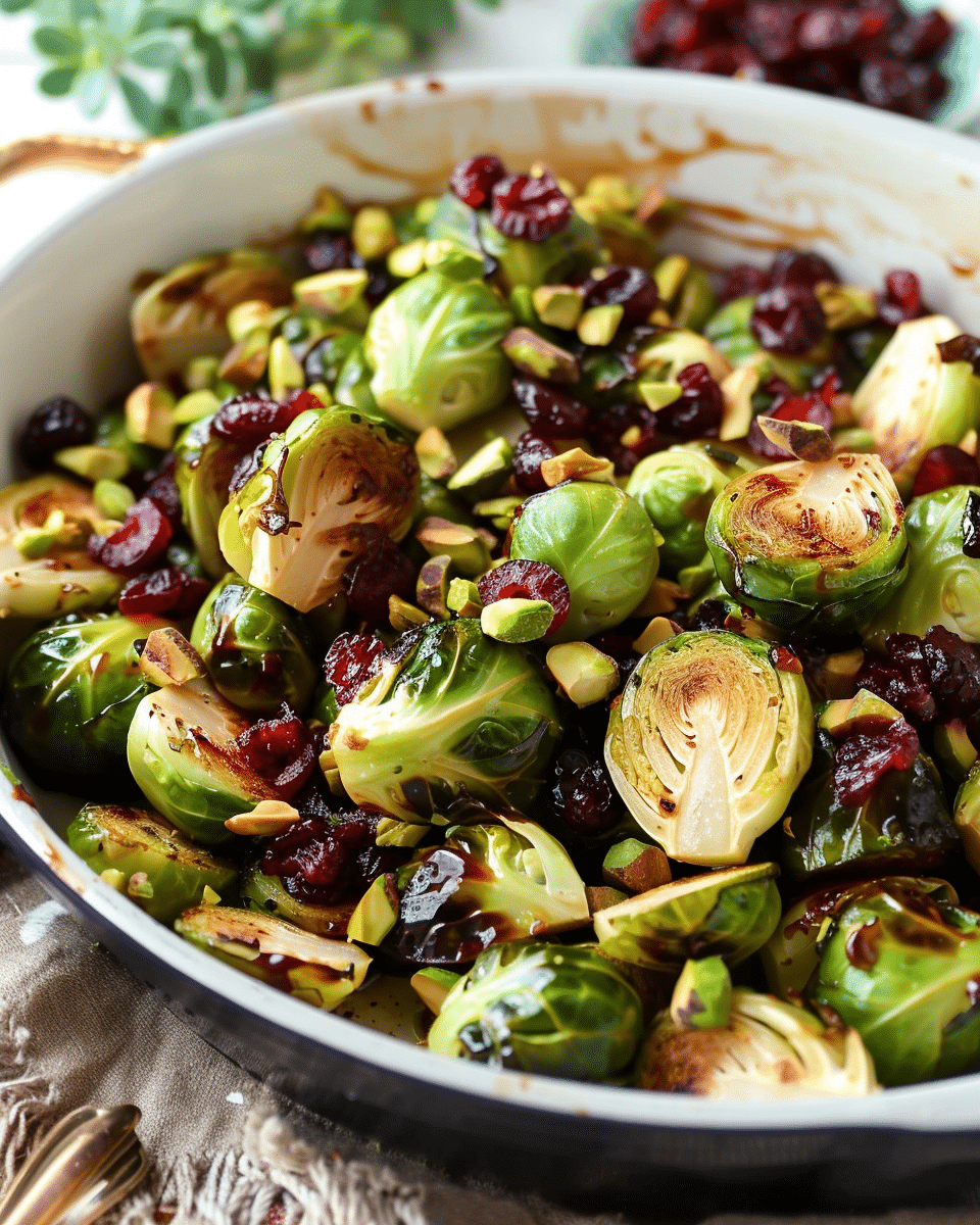 Brussels Sprouts with Caramelized Onions, Cranberries, and Pistachios