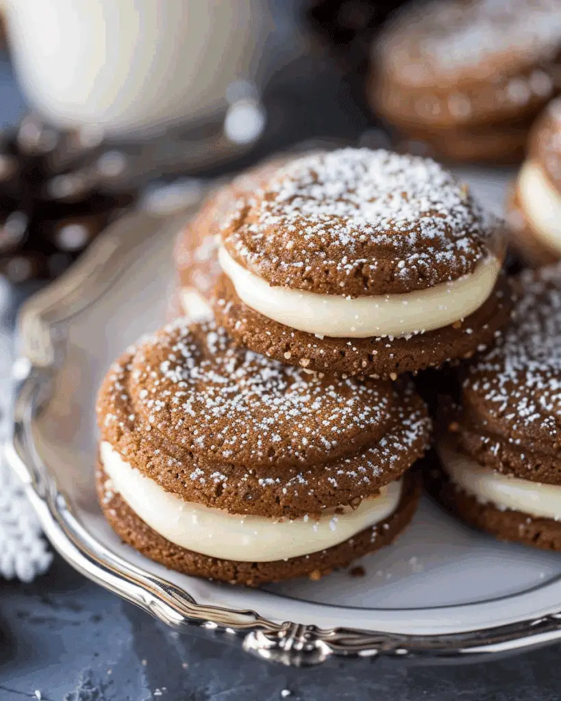 Ginger Molasses Sandwich Cookies with Eggnog Frosting
