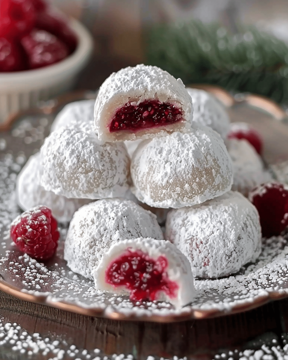 Raspberry Filled Almond Snowball Cookies