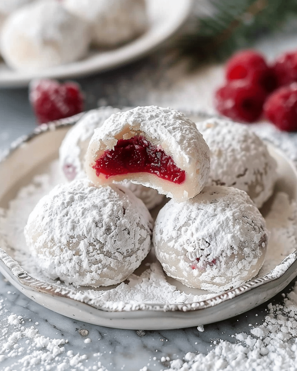 Raspberry Filled Almond Snowball Cookies