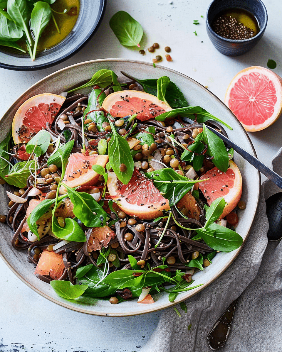 Black Noodle Salad with Lentils and Pink Grapefruit