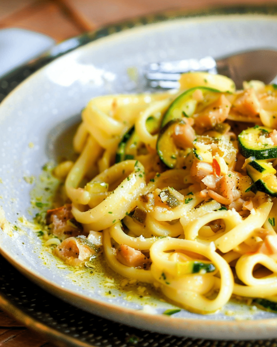 Calamarata Pasta with Tuna Bottarga, Zucchini and Calamari