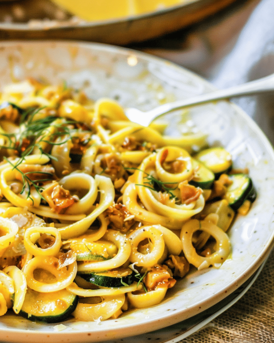 Calamarata Pasta with Tuna Bottarga, Zucchini and Calamari