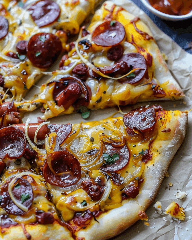 Leftover Hot Dog Pizza with Caramelized Onions