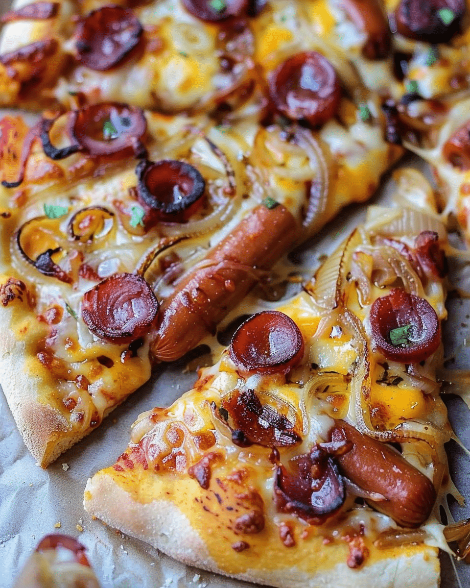 Leftover Hot Dog Pizza with Caramelized Onions