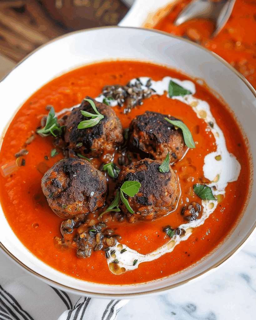 Red Pepper Soup with Black Bean “Meat”balls