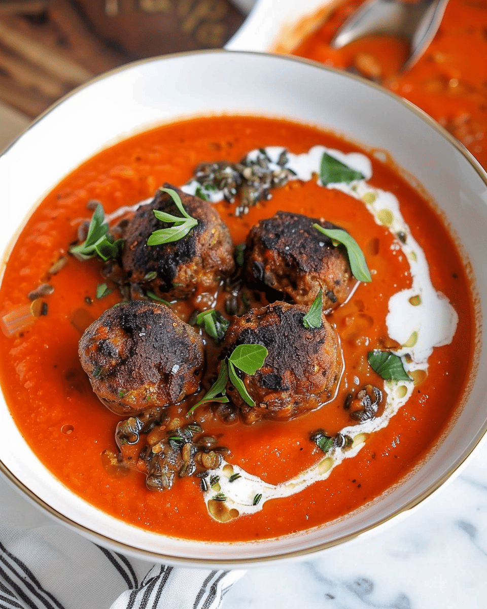 Red Pepper Soup with Black Bean “Meat”balls