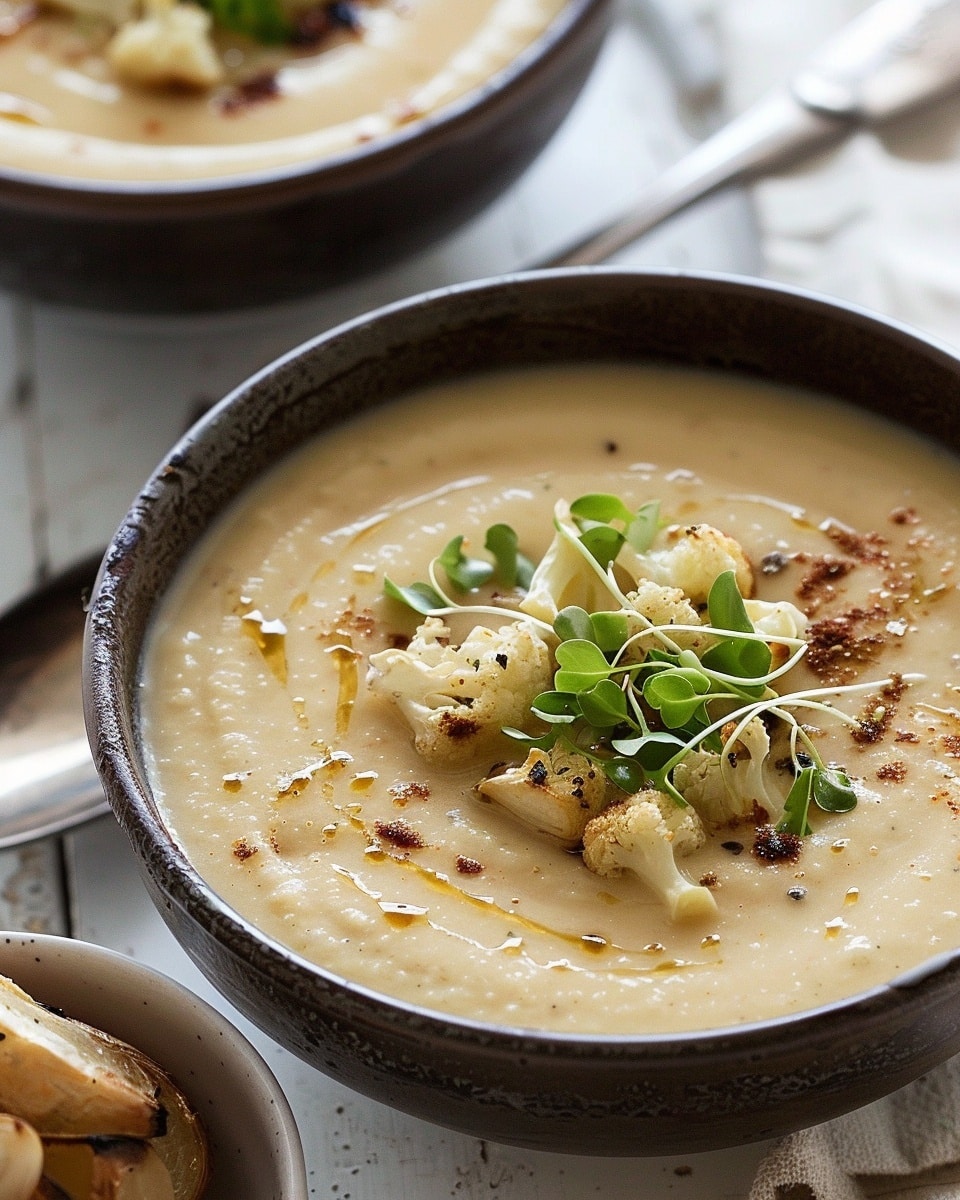 Roasted Garlic, Cauliflower and Parsnip Soup with Balsamic Caramelized Onions