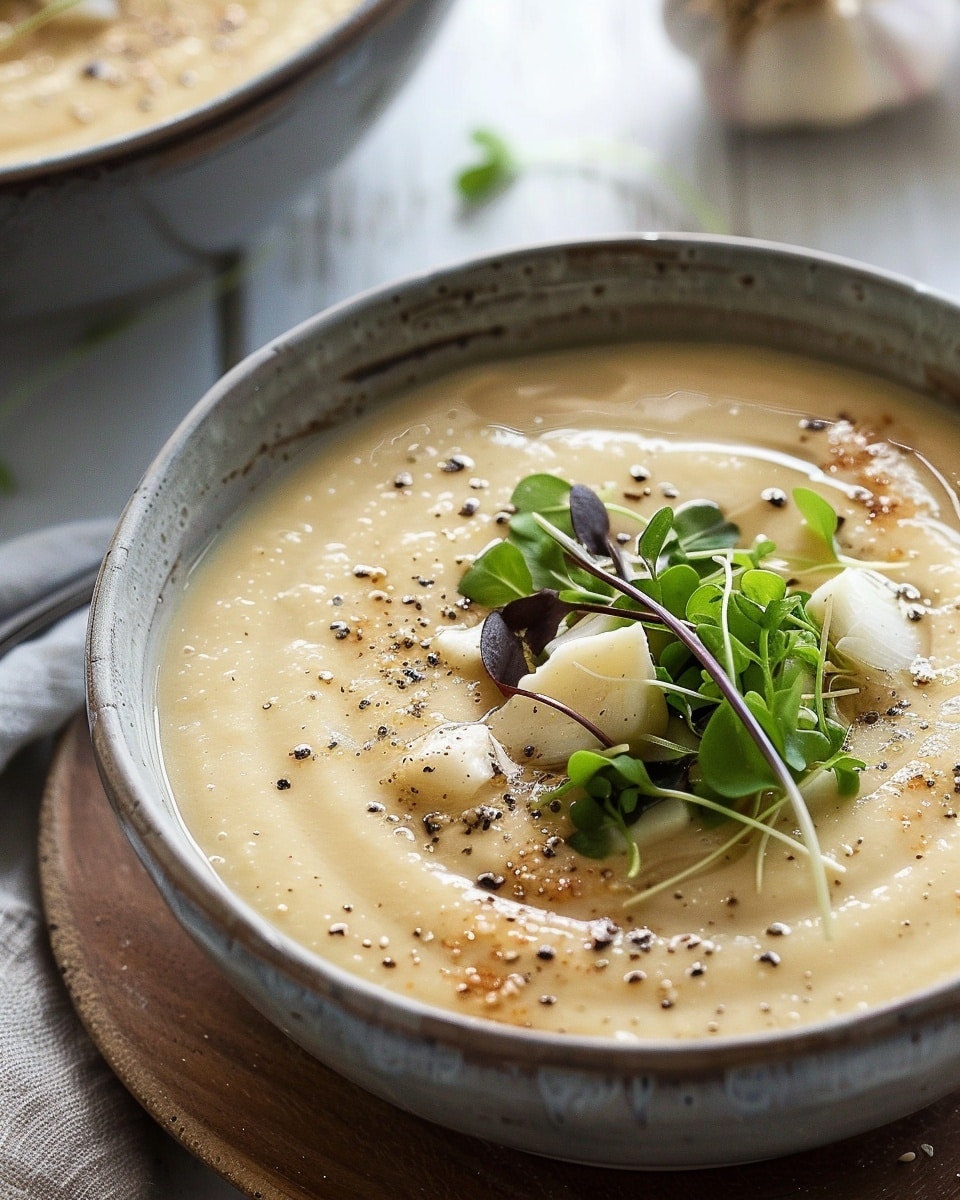 Roasted Garlic, Cauliflower and Parsnip Soup with Balsamic Caramelized Onions