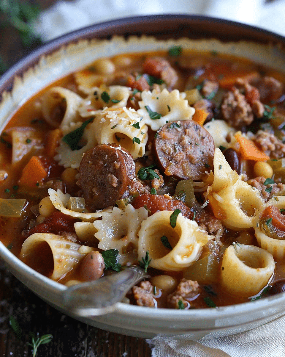 Minestrone with Hot Italian Sausage and Sacchetti Pasta