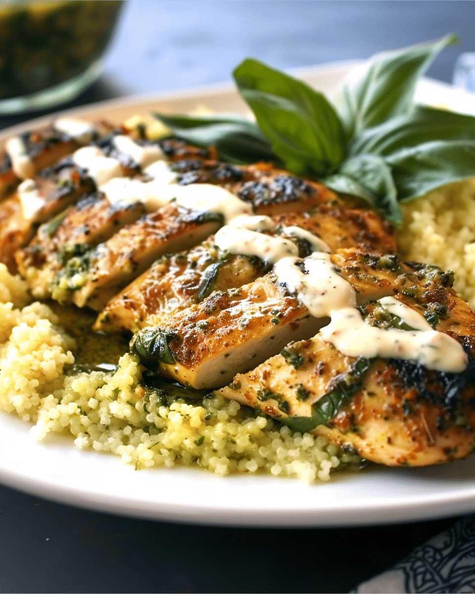 Pesto Chicken with Italian Cream Sauce over Parmesan Couscous